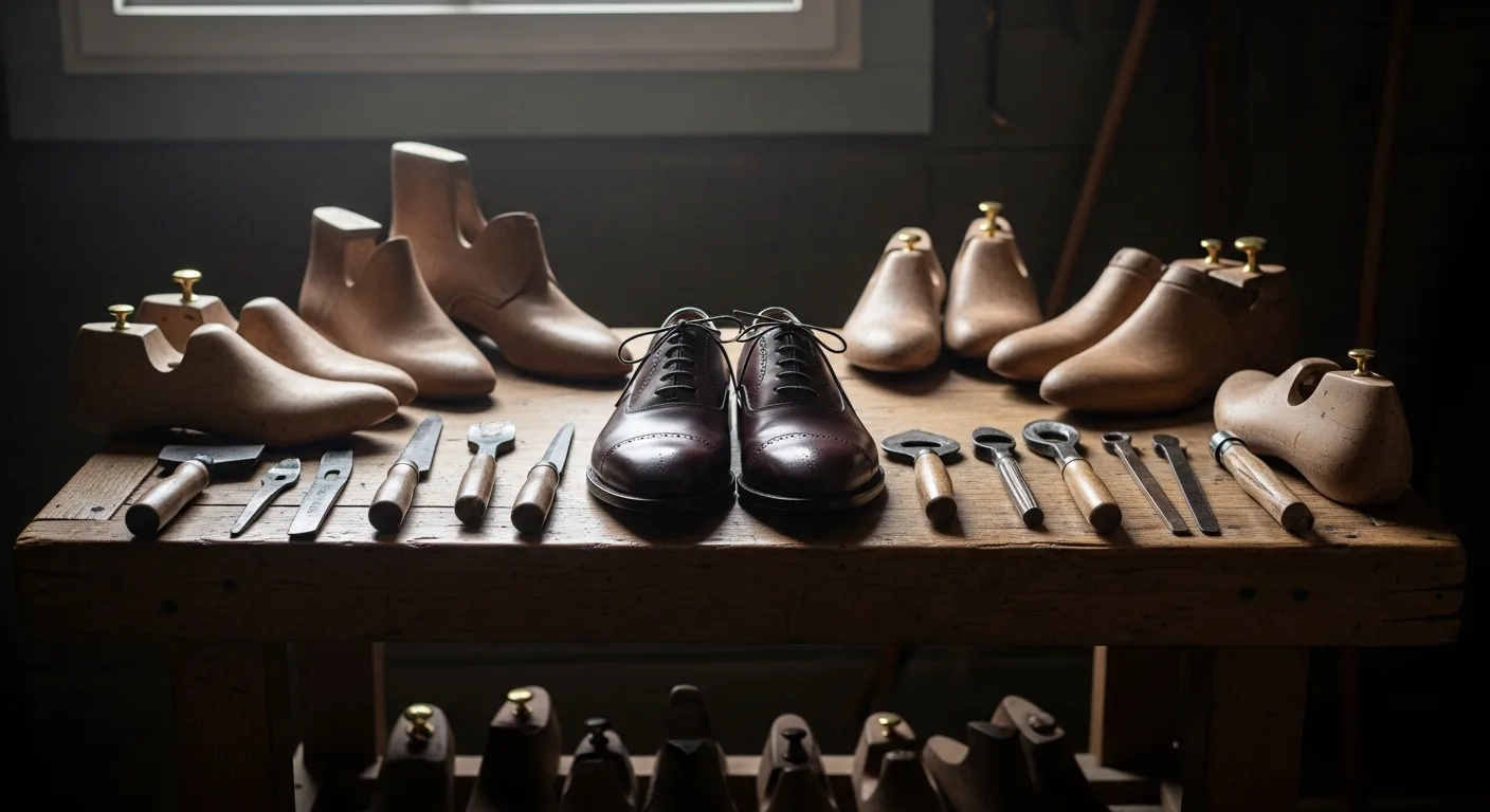 Chaussure richelieu en cuir marron posée sur un établi d'artisan bottier
